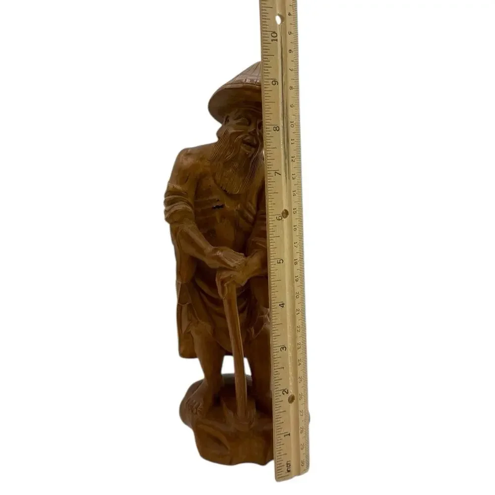 Vtg Hand Carved Wood Chinese Wise Old Man w/walking Stick Statue Figurine 10